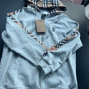 Burberry Light Gray Zip Hoodie with Vintage Check Accents